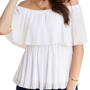 Express Pleated Sheer Off The Shoulder Peplum Top Pearl White Womens Medium